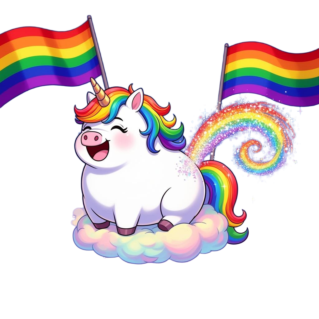 Chubby laughing unicorn with rainbow mane and glittery rainbow fart trail, floating on a pastel cloud with Progress Pride flags